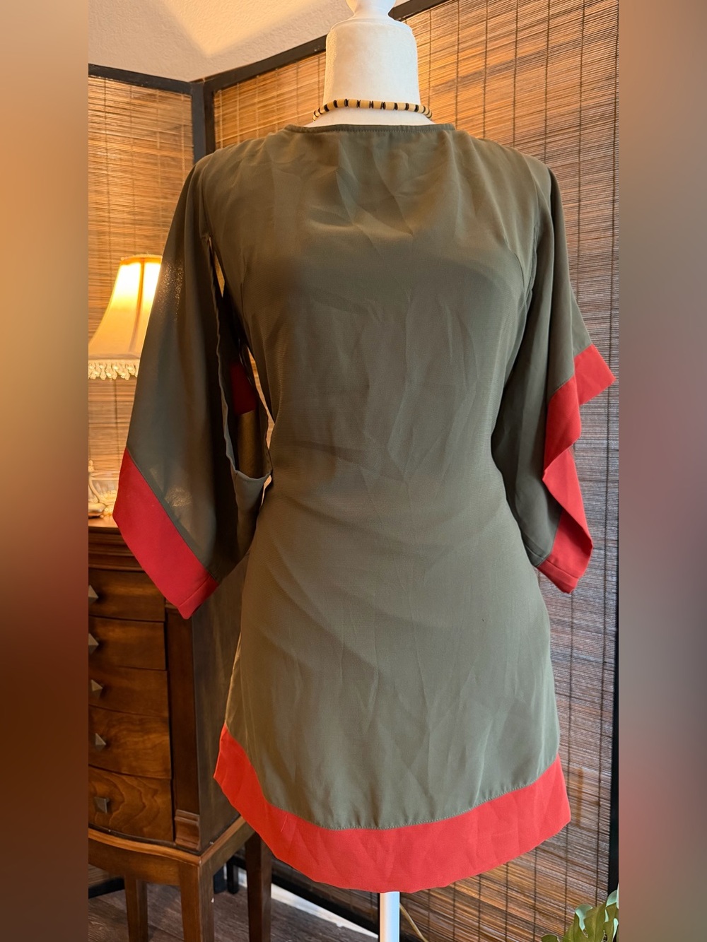 Ya Los Angeles Olive Green Rust Colorblock Open Back Bell Sleeve Mini Dress M